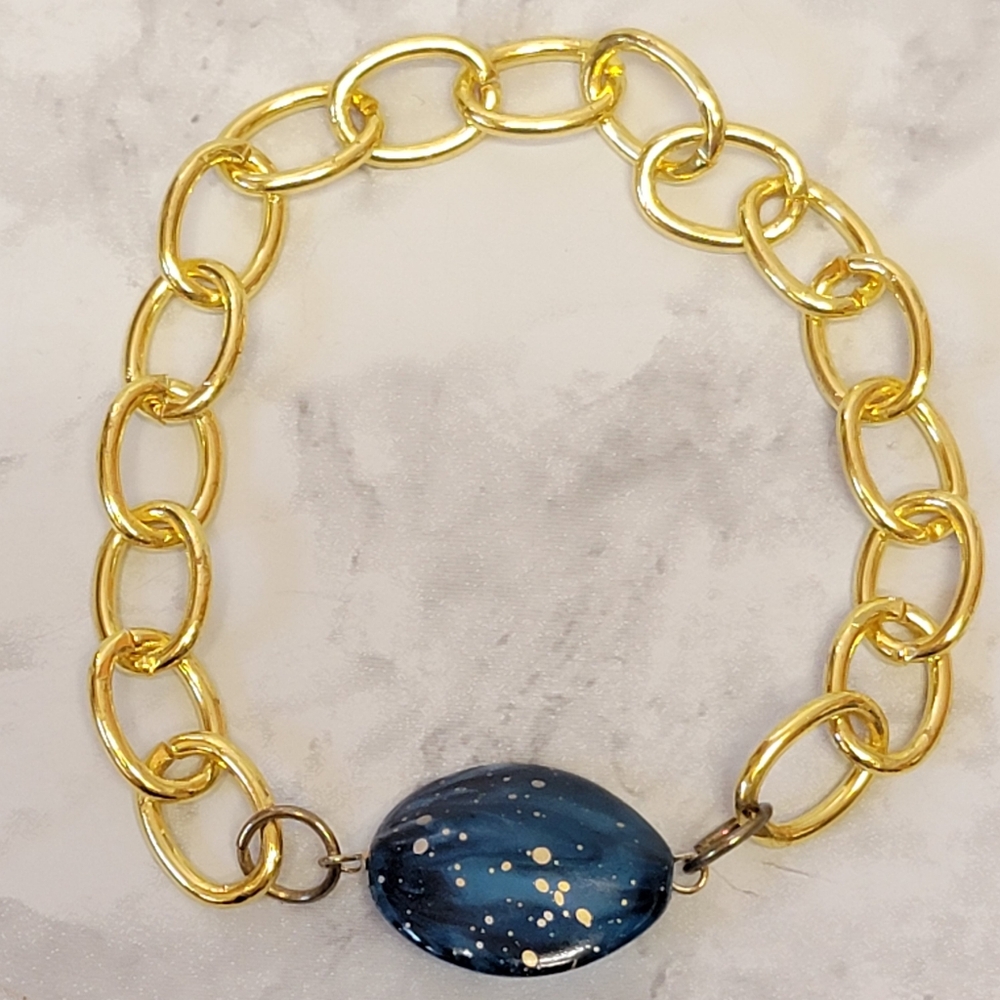 Blue & Gold Tone Chain Bracelet Speckle Bead Handmade Celestial Galaxy Night Sky